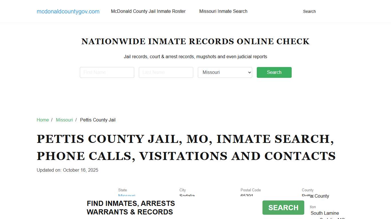 Pettis County Jail, MO, Inmate Search, Contacts